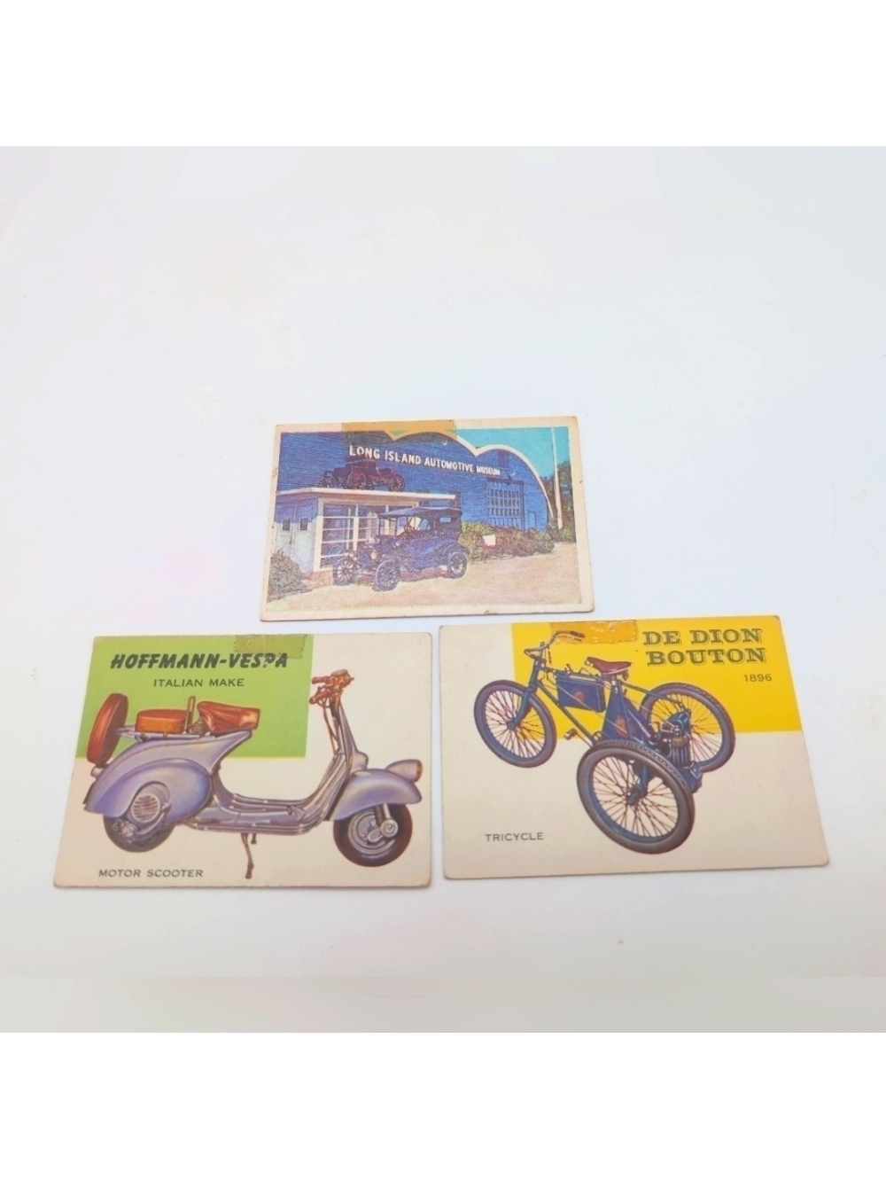 1954 Topps Card Set 3 Long Island Car Museum, Vespa, De Dion Bouton Trike